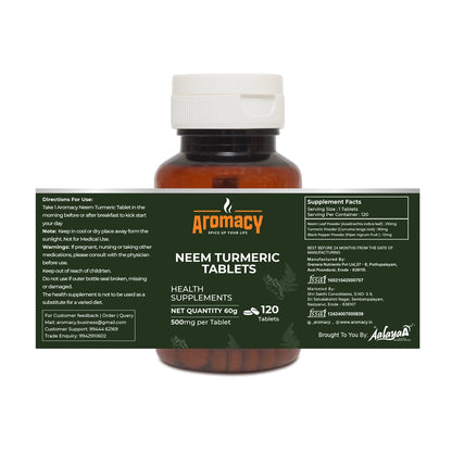 Neem Turmeric Tablets 120 Nos | Herbal Skin & Immunity Support | Aromacy