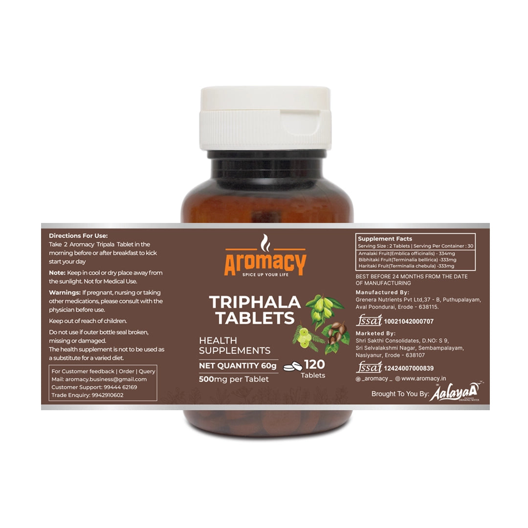 Triphala Tablets 120 Nos | Ayurvedic Digestive & Detox Support | Aromacy